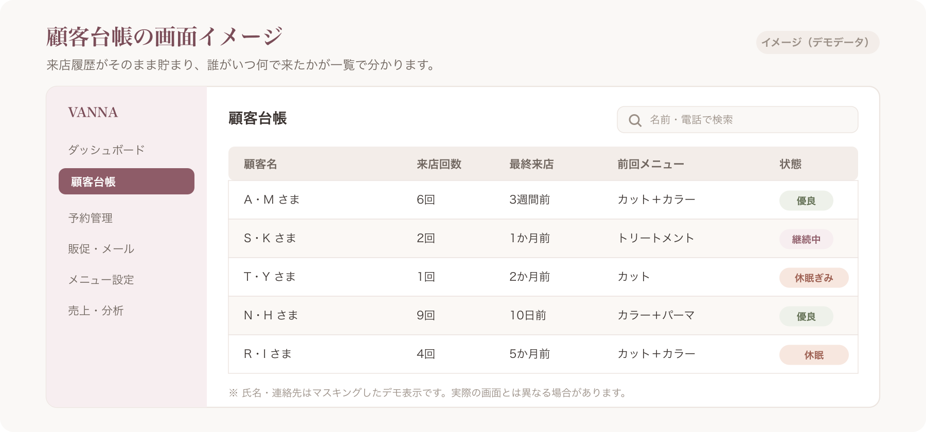 VANNA顧客台帳の画面デモ(/customers)