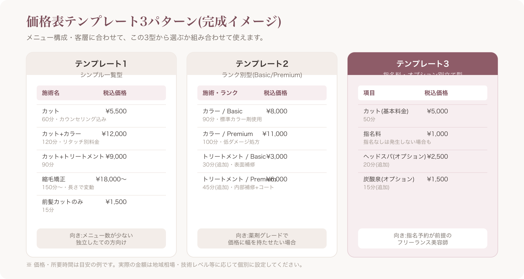 3パターン価格表テンプレ(シンプル一覧型/ランク別/指名料別立て型)の完成イメージ