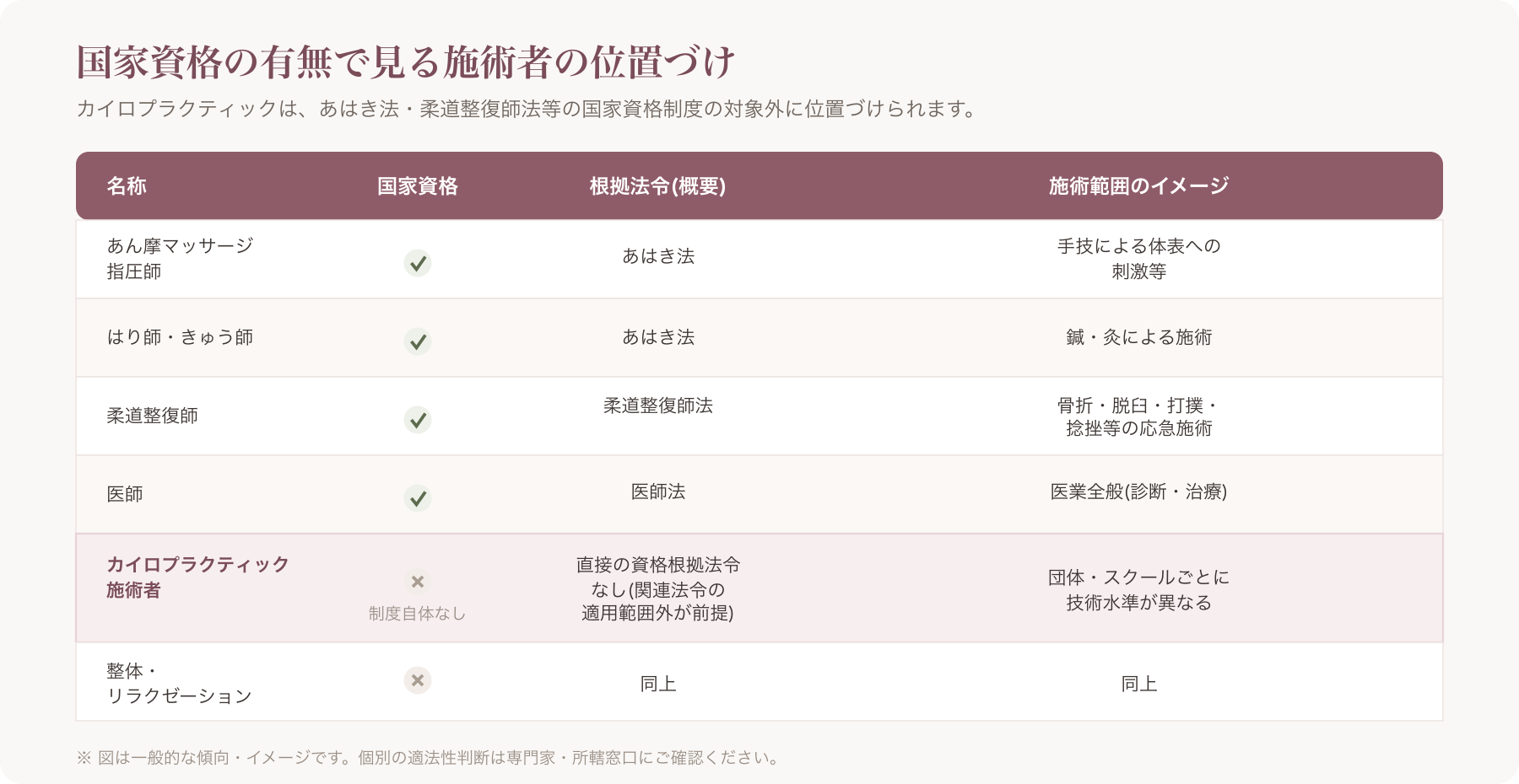 国家資格一覧とカイロプラクティックの位置づけを示す比較図解