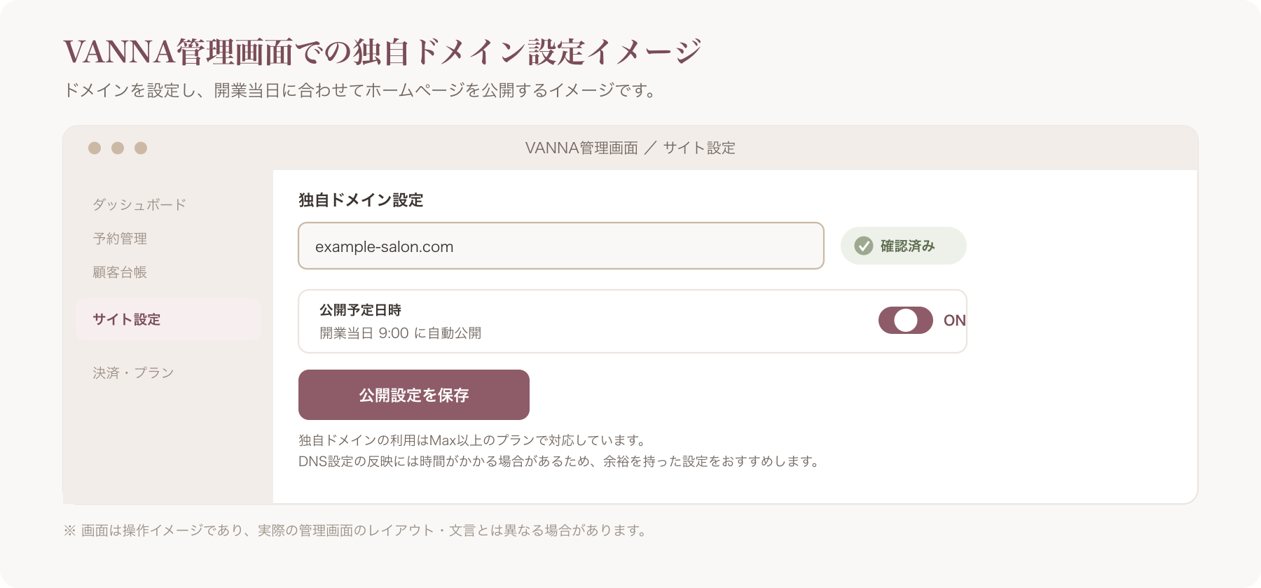 VANNA管理画面上で独自ドメインを設定し、開業当日に合わせてホームページを公開する操作イメージ