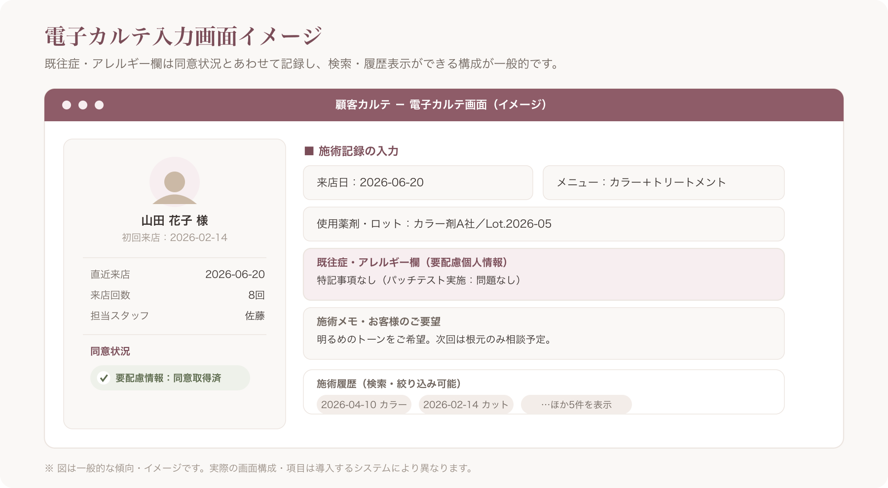 電子カルテ入力画面イメージ(既往症・アレルギー欄がある例)