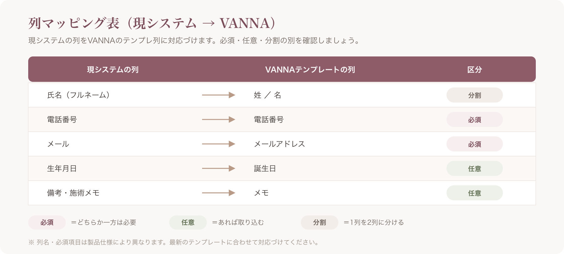 列マッピング表（現システムの列 → VANNAテンプレートの列／必須・任意・分割の区別）