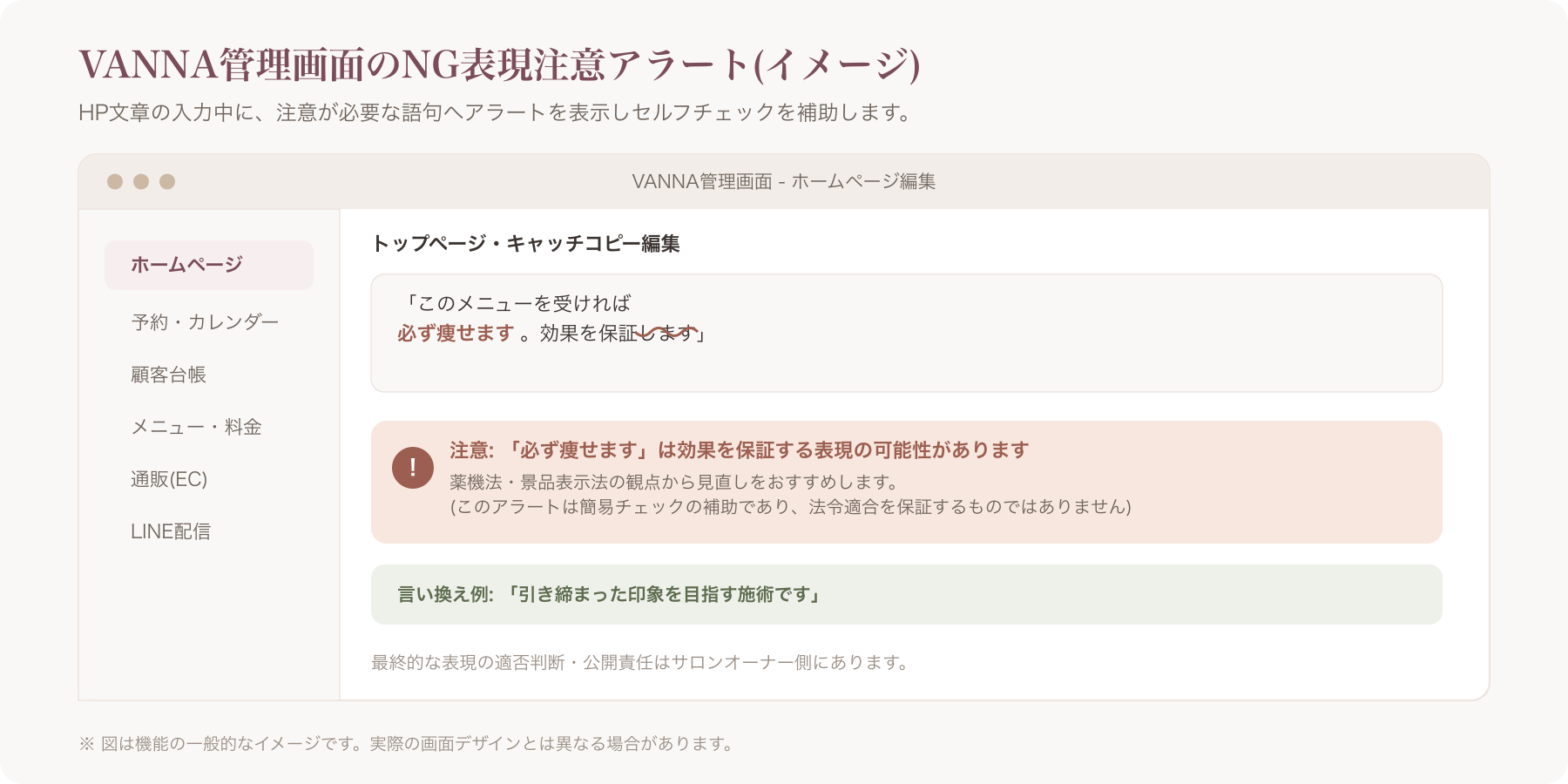 VANNA管理画面でNG表現に注意アラートが表示されている様子のスクリーンショット