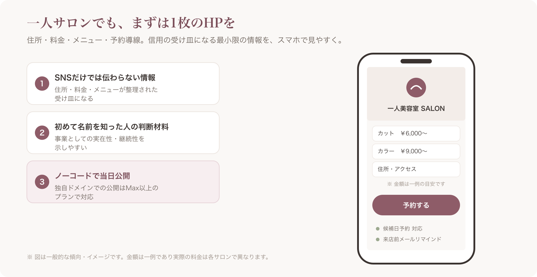 スマホで一人美容室のシンプルなホームページを閲覧している画面