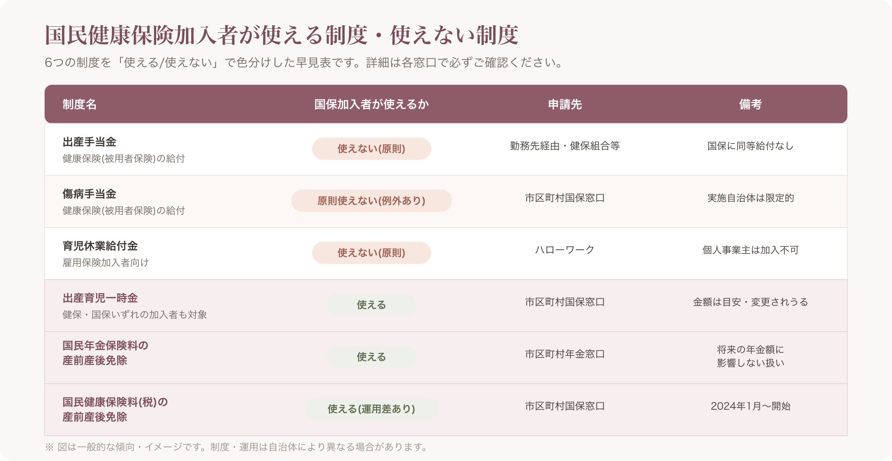 6つの公的制度を「使える/使えない」で色分けした比較表インフォグラフィック