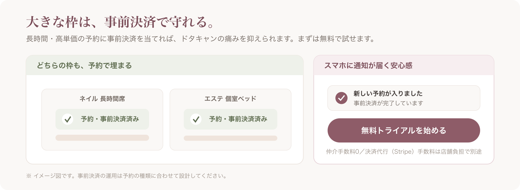 事前決済でドタキャン対策を始めるサロンのCTAビジュアル