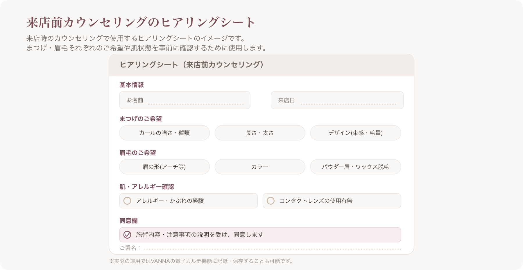 予約〜来店時のカウンセリングで使用するヒアリングシートのイメージ