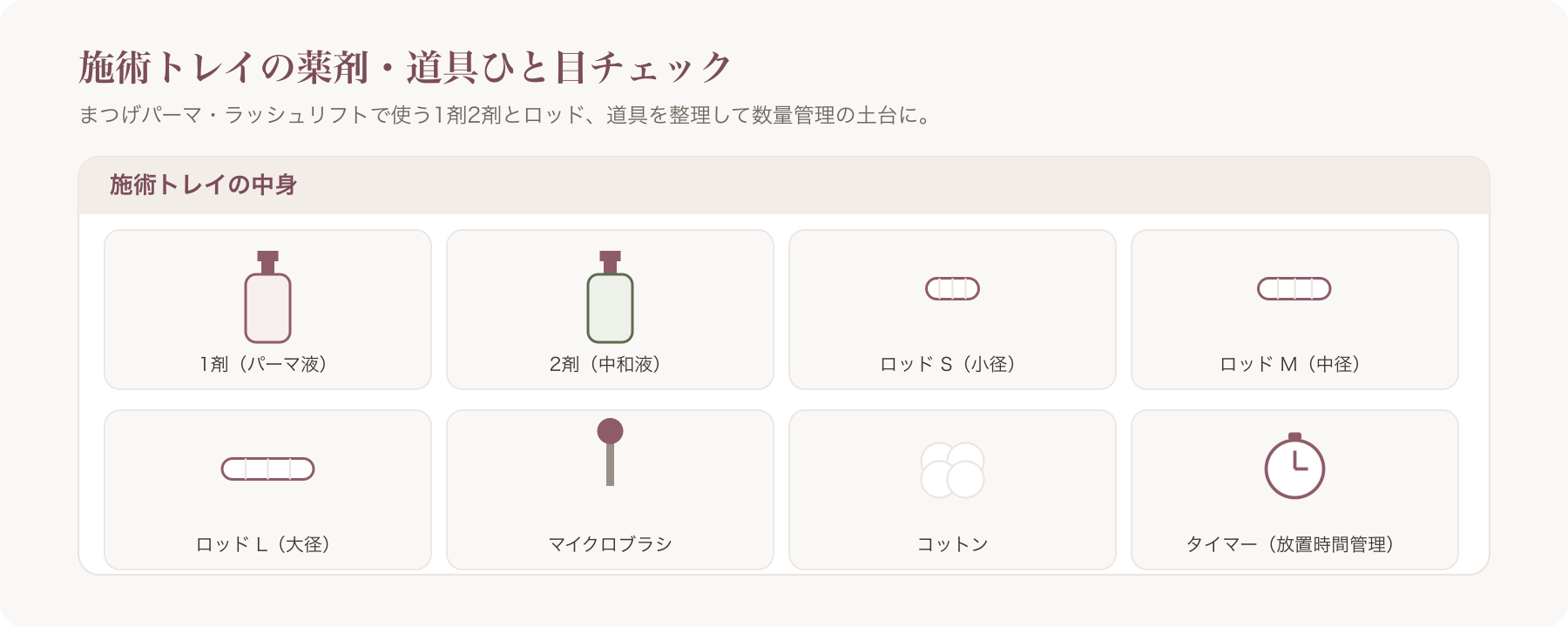 まつげパーマ・ラッシュリフト用の1剤2剤ボトルとロッドが並ぶ施術トレイの写真
