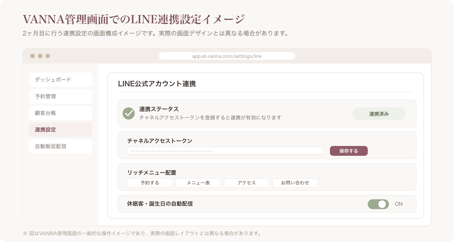 VANNA管理画面上でLINE公式アカウントと連携設定を行う操作画面のイメージ