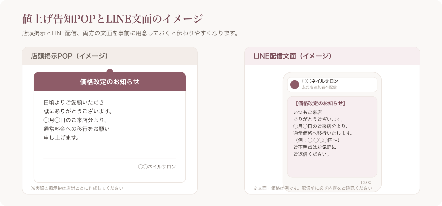 値上げ告知の店頭POPやLINEメッセージ文面のイメージ