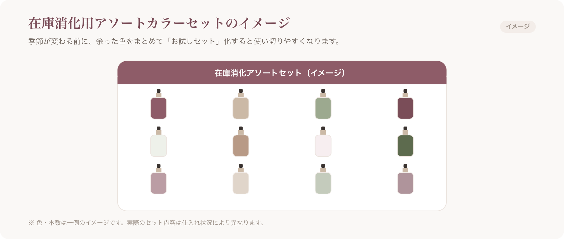 在庫消化用のアソートネイルカラーセットのイメージ写真
