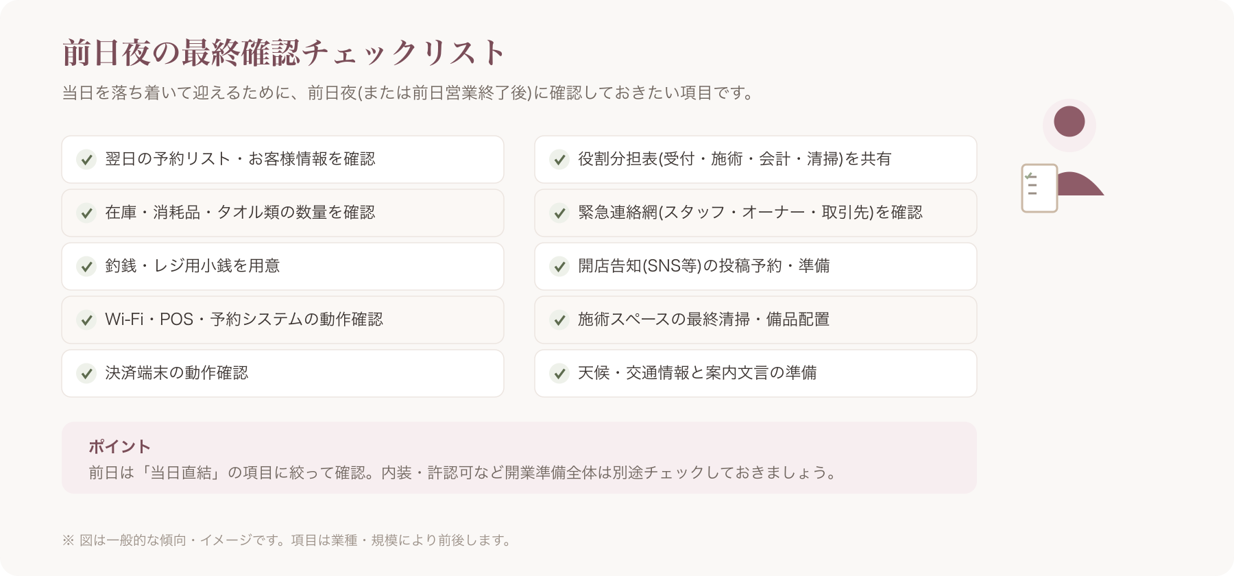 前日夜にオーナーがチェックリストを手に最終確認をしているイメージ
