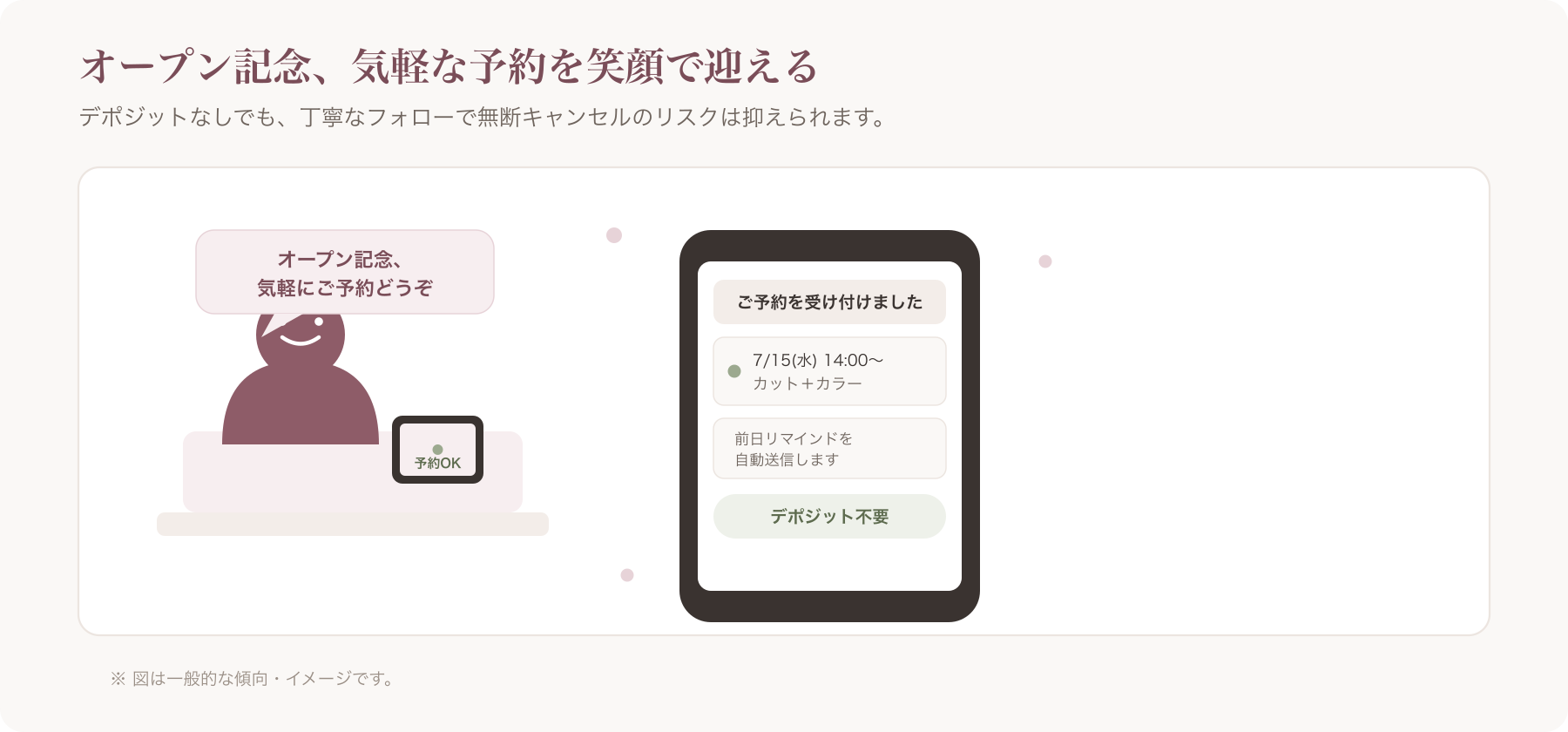 オープン記念で笑顔で予約対応するサロンオーナーのイメージ
