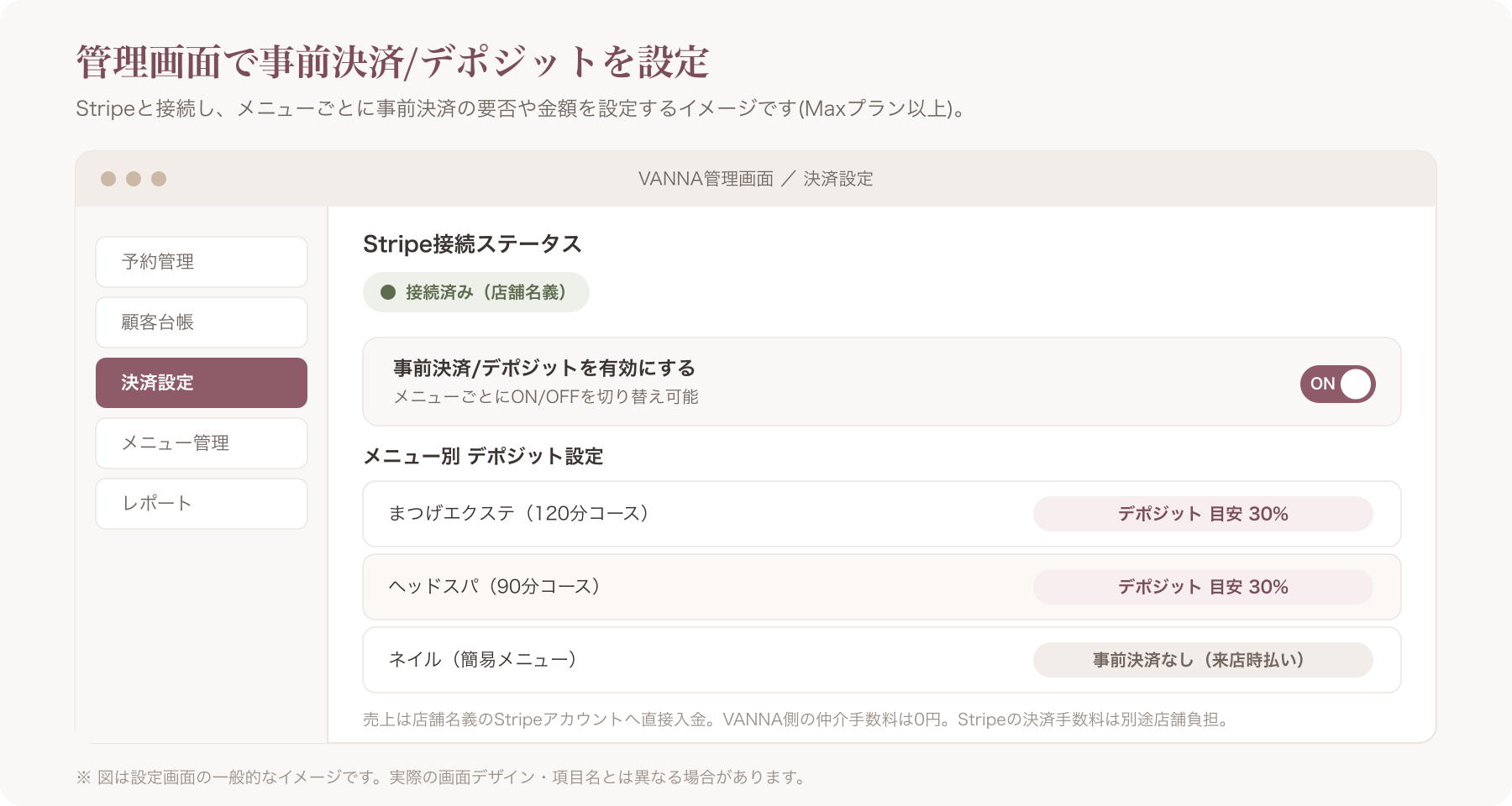 VANNA管理画面で事前決済/デポジット設定をしている画面