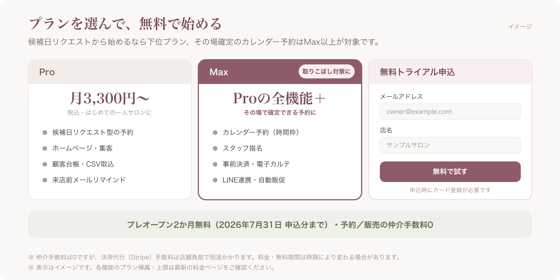 VANNAの料金プラン比較とトライアル申込画面のイメージ