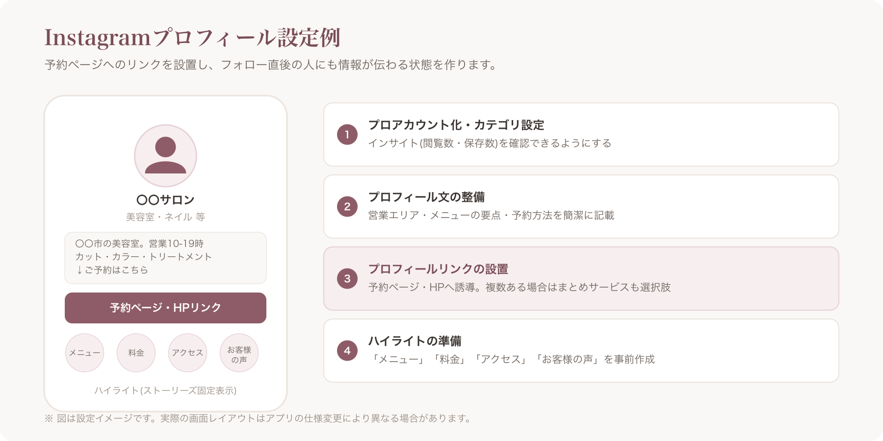 Instagramプロフィール画面に予約ページへのリンクを設置した設定例