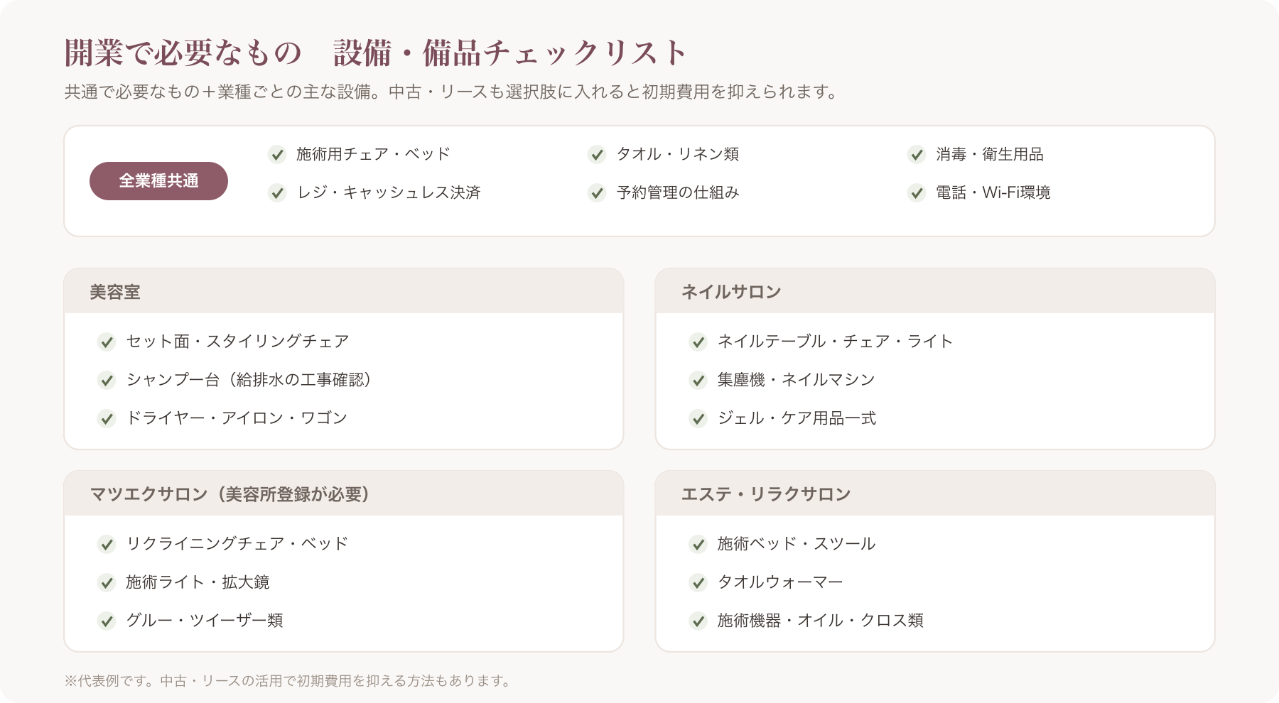 開業で必要なもの設備・備品チェックリスト(業種別)