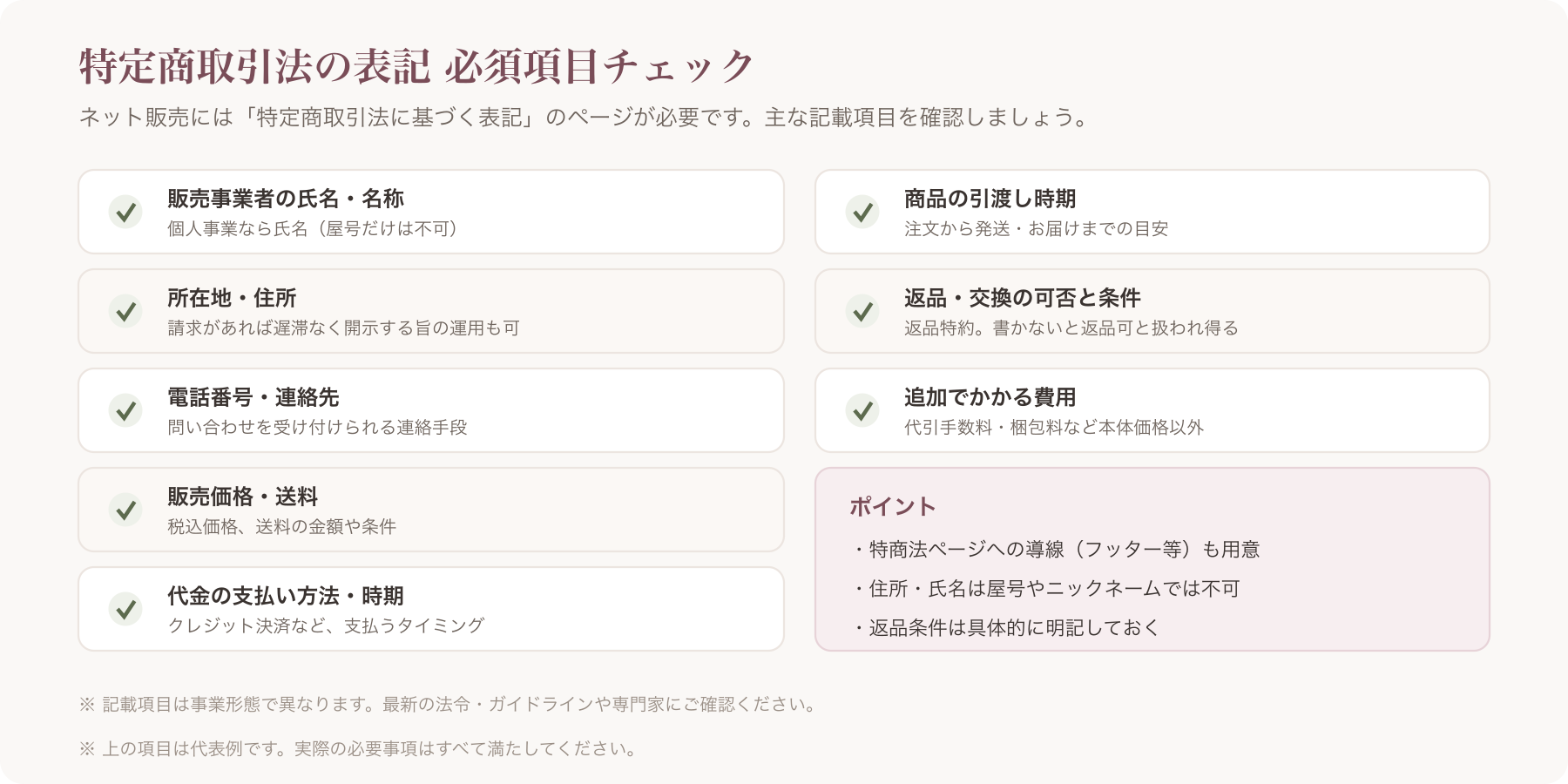 特商法表記の必須項目チェック表