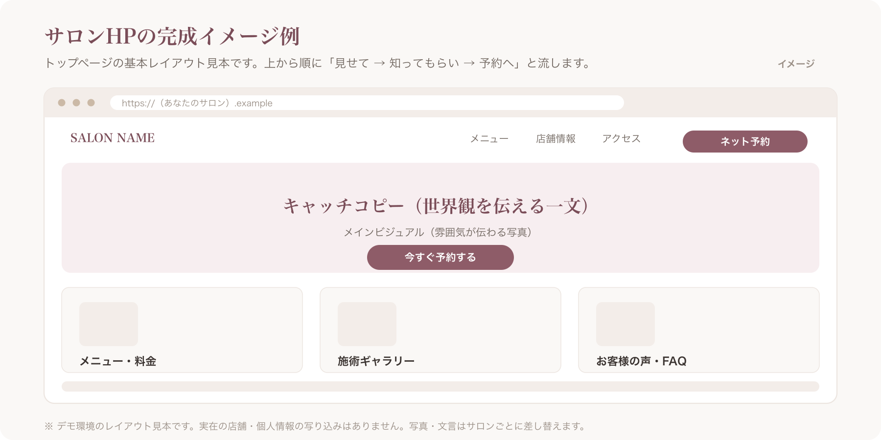 サロンHPの完成イメージ例(デモ環境・個人情報の写り込みなし)とトップページのレイアウト見本