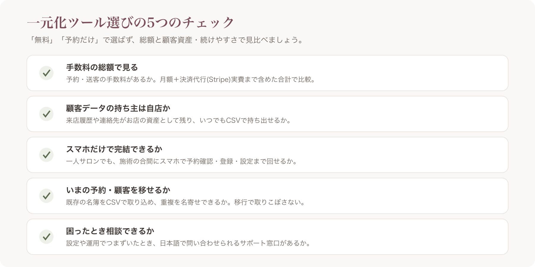 一元化ツール選定チェックリスト（手数料総額／データの持ち主／スマホ完結／移行／サポート）の図