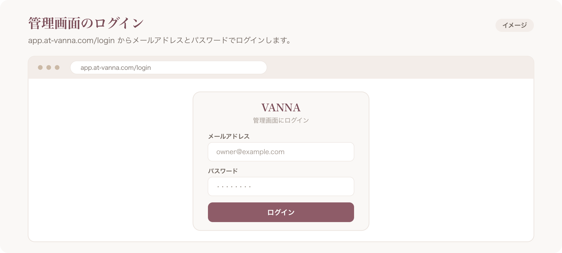 VANNA管理画面のログイン画面 app.at-vanna.com
